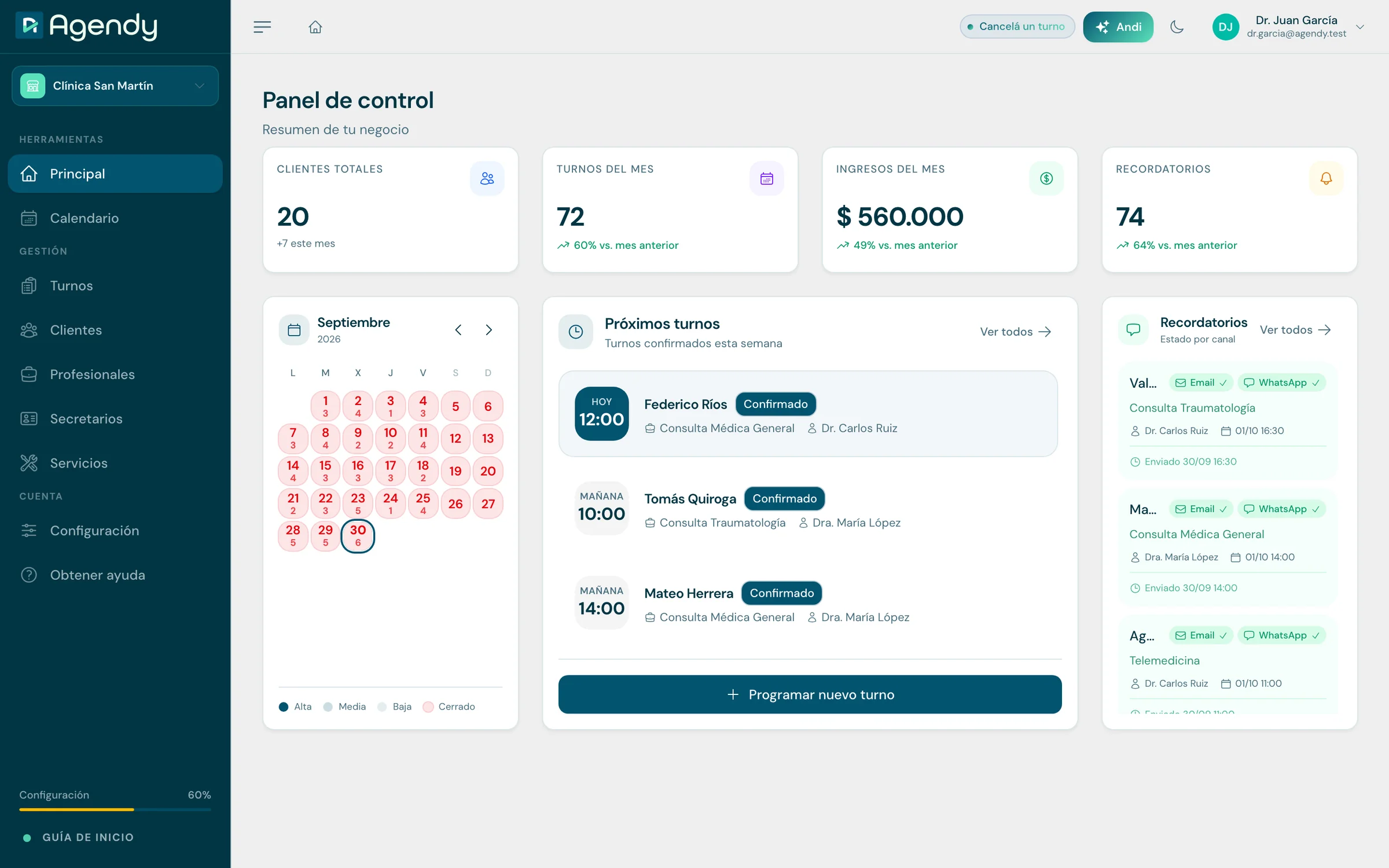 Panel de control de Agendy con indicadores, calendario y próximos turnos