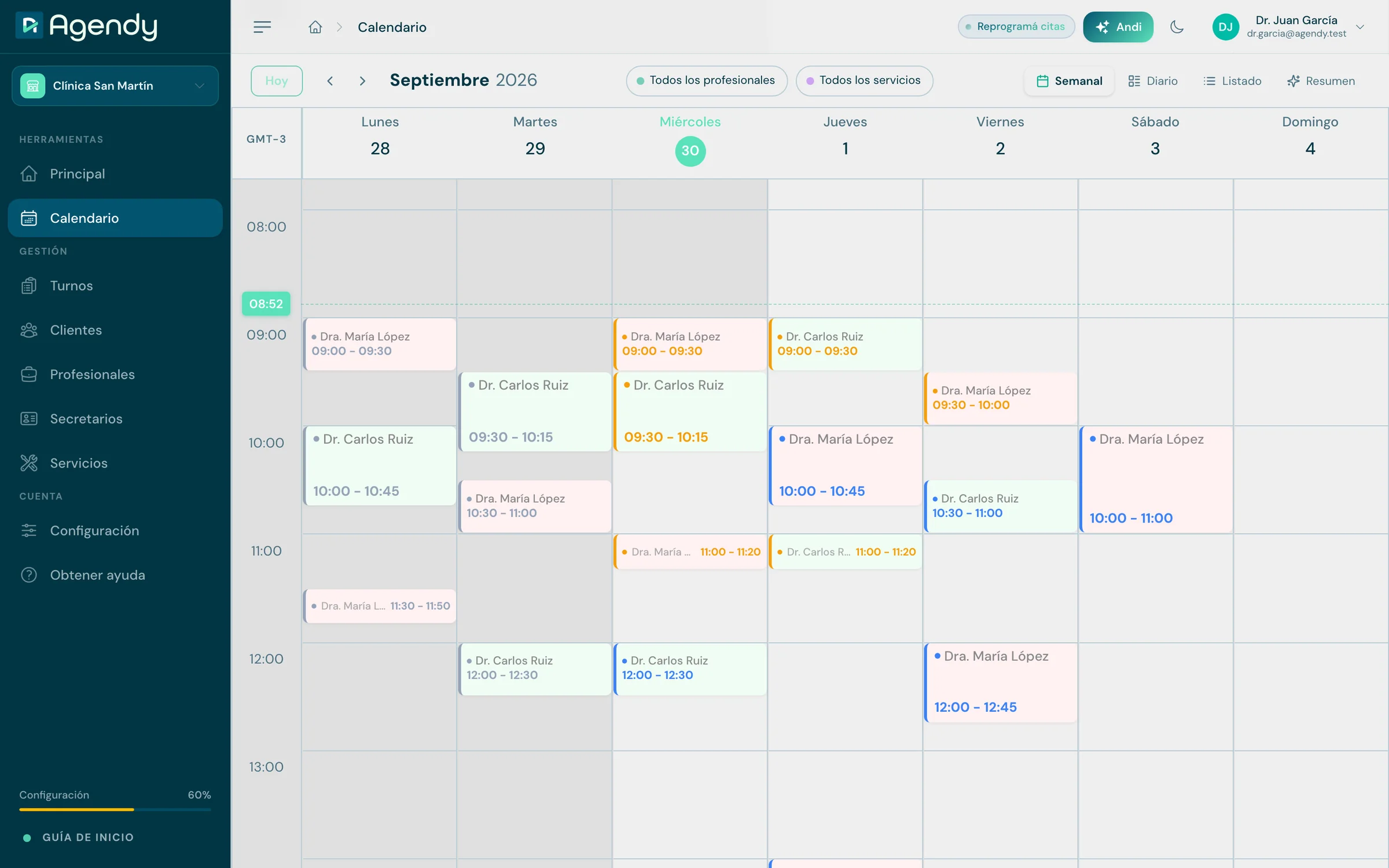 Agenda semanal con los turnos de cada profesional