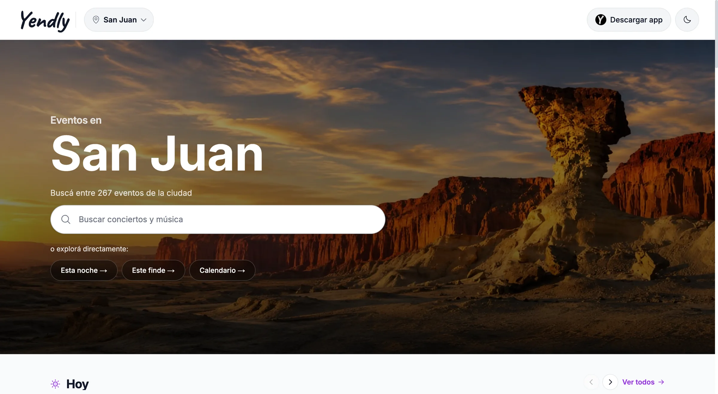 Portada de Yendly San Juan con el buscador sobre una foto de Ischigualasto