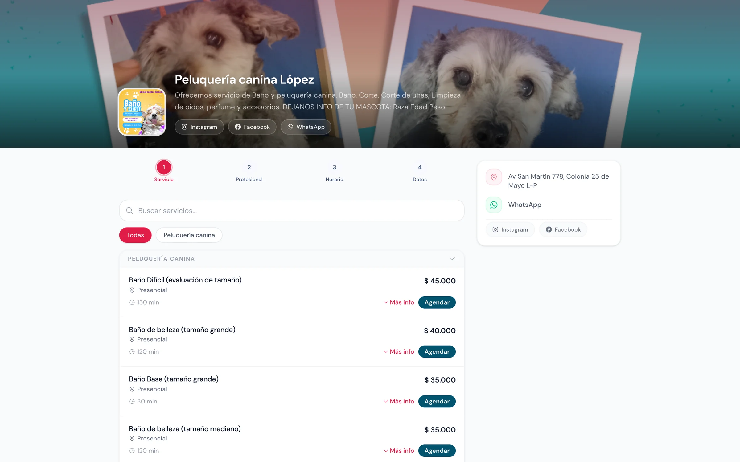 Página pública de reserva de Peluquería canina López