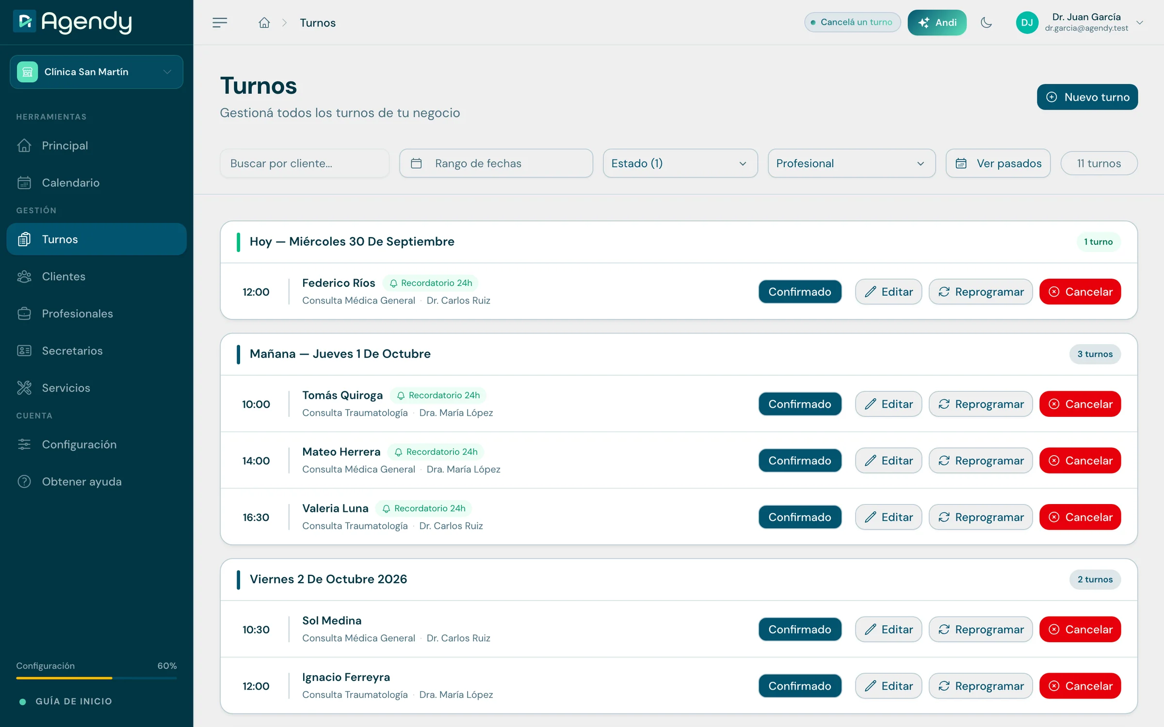 Lista de turnos agrupados por día