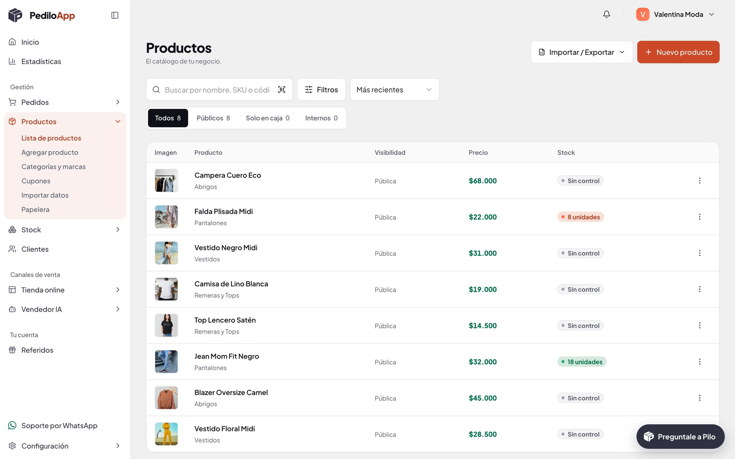 Catálogo de productos