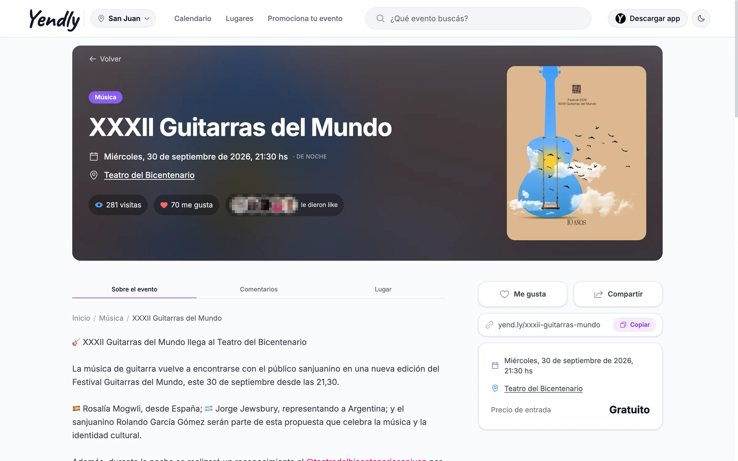 Ficha de un evento de Yendly