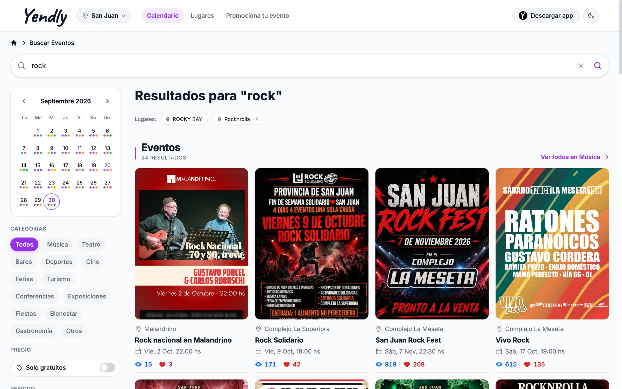 Búsqueda de eventos con calendario y filtros